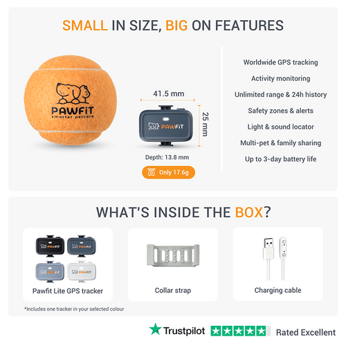 Pawfit Lite GPS dog tracker features, size and box contents